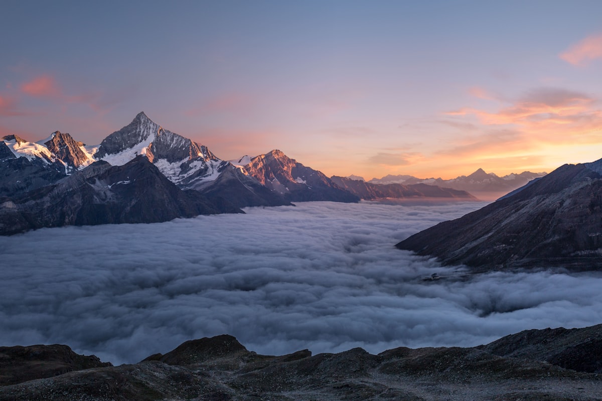 Snow peaks at dusk